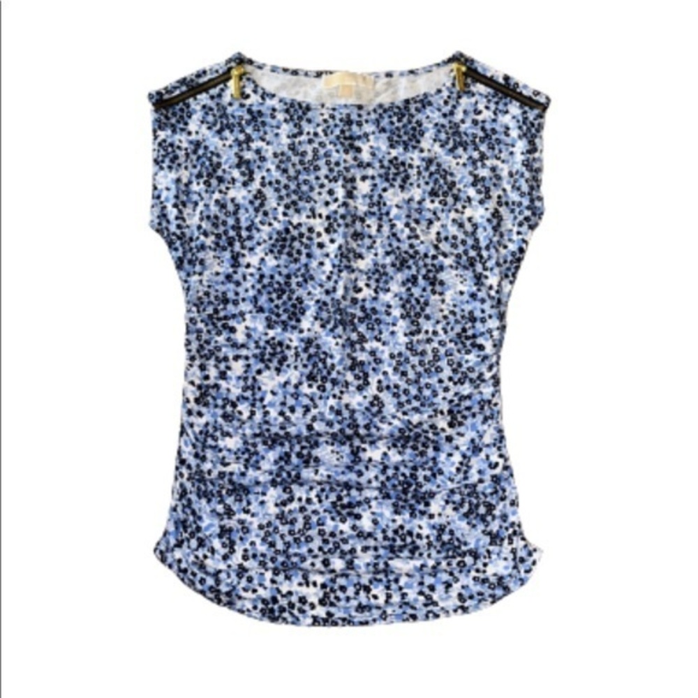 Michael Kors blue floral boatneck cap sleeve top NWOT size S